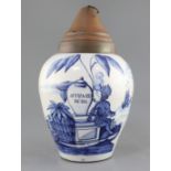 A Dutch delft blue and white tobacco jar and copper cover, late 18th century, the ovoid body painted