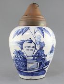 A Dutch delft blue and white tobacco jar and copper cover, late 18th century, the ovoid body painted