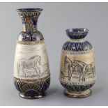 Two Doulton Lambeth stoneware sgraffito vases, by Hannah and Florence Barlow, dated 1883 and 1875,