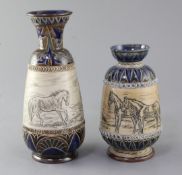 Two Doulton Lambeth stoneware sgraffito vases, by Hannah and Florence Barlow, dated 1883 and 1875,