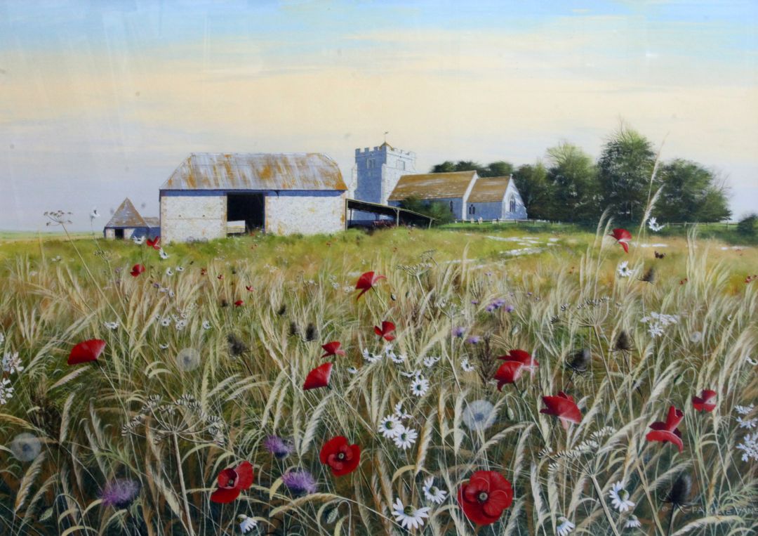 Paul Evans (1954-)gouacheChurch, flint barn and poppies in a cornfieldsigned27 x 37in.