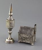 A continental 800 standard silver Judaica silver spice tower and similar sterling silver tzedakah