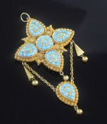 An early 20th century Indian? gold and turquoise drop quatrefoil pendant brooch, 3.25in.