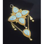 An early 20th century Indian? gold and turquoise drop quatrefoil pendant brooch, 3.25in.