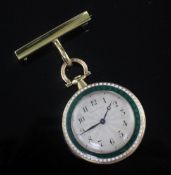 A French 18ct gold, diamond and two colour enamel dress fob watch, the sunburst dial signed Cartier,