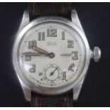 A boy's size 1940's? steel Rolex Oyster manual wind wrist watch, with Arabic dial and subsidiary