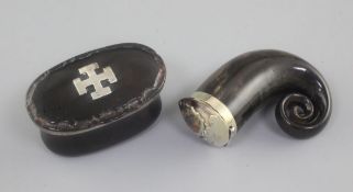 A 19th century Scottish horn snuff mull, with agate inset white metal mount, 3in., and an oval