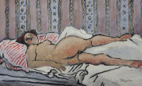 Franz Pribyl (1915-1975)oil on wooden panelReclining female nudesigned and dated '4610.5 x 17.5in.
