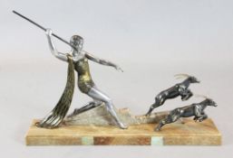 J. Dauvergne. A French Art Deco bronzed spelter group of a spear woman hunting antelopes, signed, on