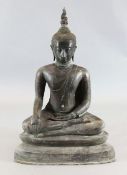 A large Thai bronze seated figure of Buddha, possibly 19th century, on a triangular base, height