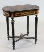 A 19th century French ebonised and marquetry poudreuse, with fitted interior, W.2ft 3in. D.1ft