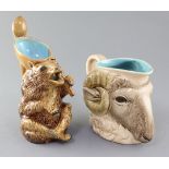 Two French majolica animal shaped jugs, late 19th century, the first by Sarreguemines modelled as