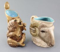 Two French majolica animal shaped jugs, late 19th century, the first by Sarreguemines modelled as