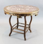 A Chinese hardwood and marble centre table, with circular top, Diameter 3ft 2in. H.2ft 8in.