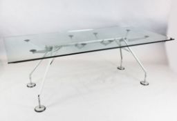 Norman Foster for Tecno. A glass top 'Nomos' table, with stylised metal understructure, W.7ft 3in.