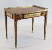 A Louis XVI style harewood and purple heart centre table, with parquetry top and ormolu mounts, c.