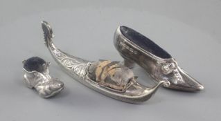 Three novelty silver pin cushions, gondola, Adie & Lovekin Ltd, Birmingham, 1906, 9.5cm, shoe, WW,