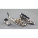 Three novelty silver pin cushions, gondola, Adie & Lovekin Ltd, Birmingham, 1906, 9.5cm, shoe, WW,