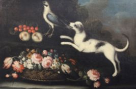 18th Century Neapolitan Schooloil on canvasStill life of fruit and flowers with a dog and a jay24