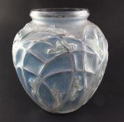 A Rene Lalique 'Sauterelles' blue and green stained ovoid glass vase, moulded with