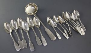 A part canteen of late 19th century Russian 84 zolotnik fiddle pattern flatware, with engraved