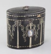 A George III silver inset papier mache tea caddy, centred with a Jasper style plaque of a lady