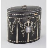 A George III silver inset papier mache tea caddy, centred with a Jasper style plaque of a lady