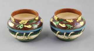 A pair of Foley Intarsio small pots, each decorated with a continuous design of geese in a