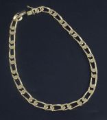 A yellow metal flat link necklace (unmarked but tested as 14ct), 60.2 grams, 41cm.