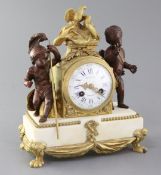 A 19th century French bronze and ormolu mounted white marble mantel clock, signed Fostain, Galerié