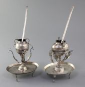 Two 19th century? South American white metal yerba mate gourds with two bombilla straws, with
