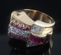 A 1940/50's gold, diamond and synthetic ruby cocktail ring, set with baguette and round cut
