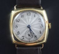 A gentleman's 1920's 18ct gold Rolex manual wind wrist watch, with shaped square case and Arabic