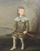 19th century French Schooloil on canvasPortrait of a boy holding a rifle, seated in a landscape36