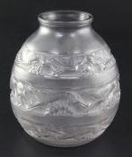 A Rene Lalique 'Soudan' clear and frosted glass ovoid vase, no. 1016, relief-decorated with three