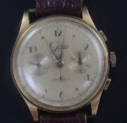 A gentleman's 1940's? Swiss 18ct gold Jolus manual wind chronograph wrist watch, with Arabic and dot