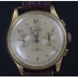 A gentleman's 1940's? Swiss 18ct gold Jolus manual wind chronograph wrist watch, with Arabic and dot