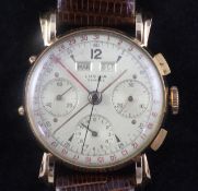 A gentleman's 1940's 18ct pink gold Lusina triple calendar chronograph manual wind wrist watch.