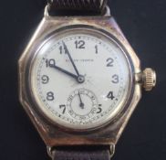 A gentleman's 1930's 9ct gold Rolex Oyster octagonal cased manual wind wrist watch, with Arabic dial