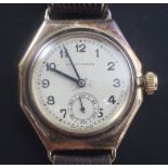 A gentleman's 1930's 9ct gold Rolex Oyster octagonal cased manual wind wrist watch, with Arabic dial