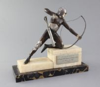 F.H.Danvin. A French Art Deco parcel silvered and patinated bronze figure of a medieval archer, on