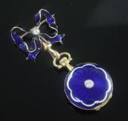 An early 20th century 18ct gold, blue enamel and diamond set keyless dress fob watch, retailed by J.