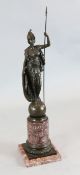 A bronze figure of Britannia standing holding a spear and shield, on rouge marble socle, height 29.