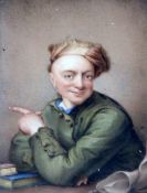 Albin Roberts Burtoil on ivoryMiniature of a young man pointing his fingertrade label verso4 x 3in.