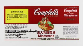 Andy Warhol. An autographed Campbell Soup label, signed by Warhol in 1986 for an executive at the