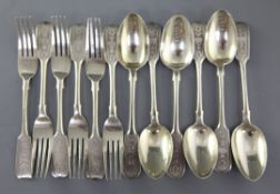 A set of six 19th century Russian 84 zolotnik bright cut engraved silver fiddle pattern dessert