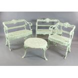 A near matching Victorian white painted cast iron three piece garden seating suite