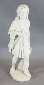 A Victorian carved white marble figure of a Roman fisherboy, standing wearing a laurel wreath,