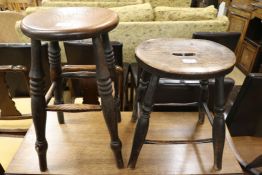 A Victorian ash and elm stick back elbow chair and two elm topped stools