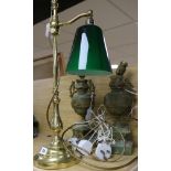 A brass student's lamp and two onyx lamps